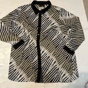 Bob Mackie Women's Blouse Size 1X Button Up Beige/Black/White Print Office
